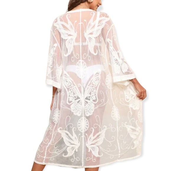 Wild Time Fashion Other - White Butterfly Embroidery Detailed Waist Tie Maxi Beach Kimono Robe